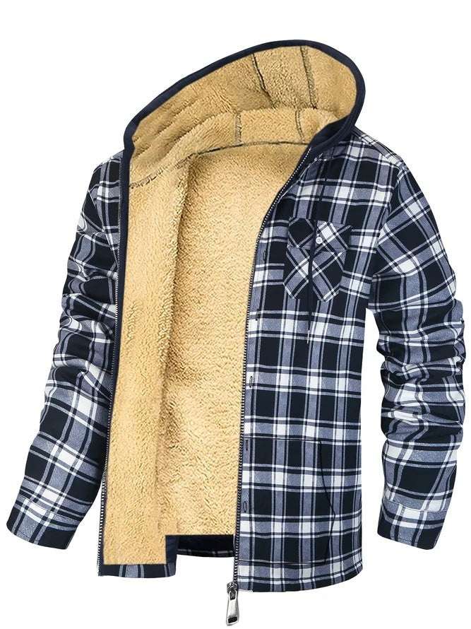 Men's Plaid Print Hooded Zip-Up Jacket Winter Thickened Cotton-padded Coat Warm Clothing - globaltradeleader
