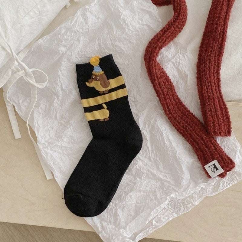 Autumn And Winter Puppy Embroidery Tube Socks Flanging Cartoon Sausage Dog Vertical Bar Bunching Socks - globaltradeleader