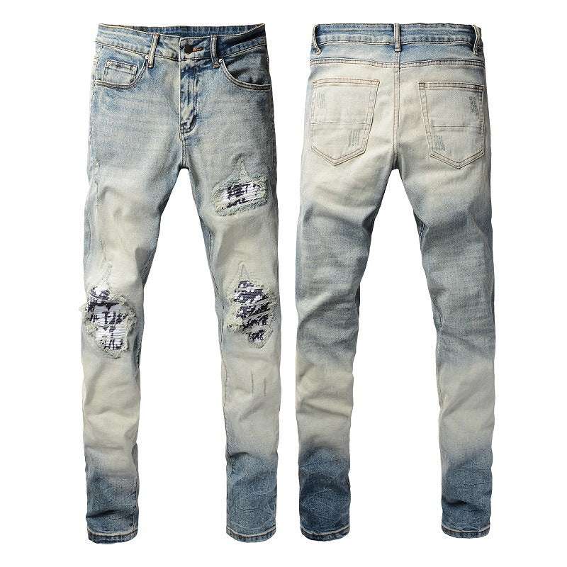 American High Street Fashionable Men's Ripped Black And White Patch Jeans - globaltradeleader