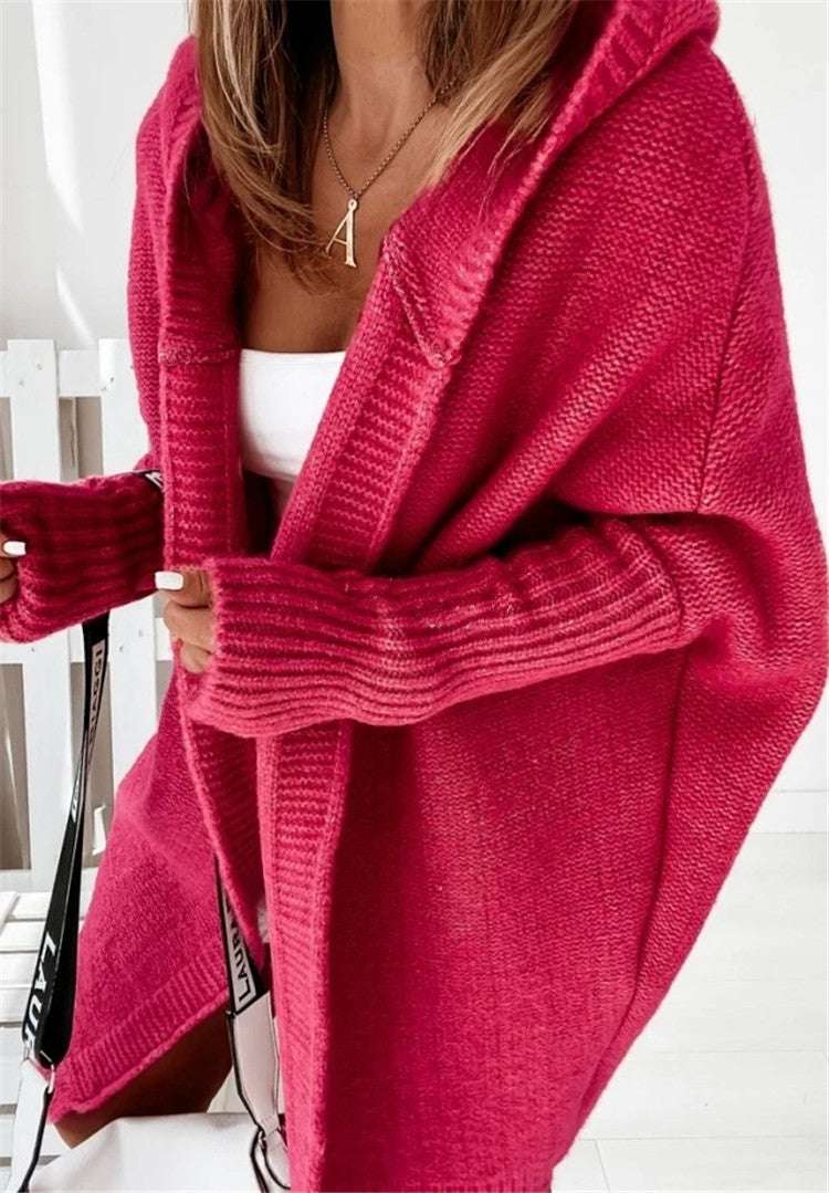 Fashion Bat Sleeve Hooded Cardigan Oversized Loose Temperament Solid Color Sweater Womens Clothing - globaltradeleader