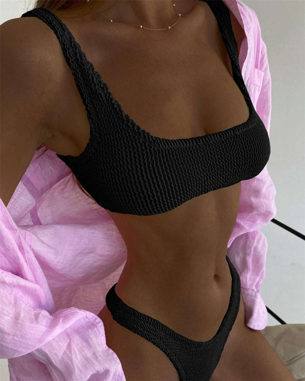 Special Fabric Crinkle Bikini Ladies Macaron Color Split Swimsuit - globaltradeleader