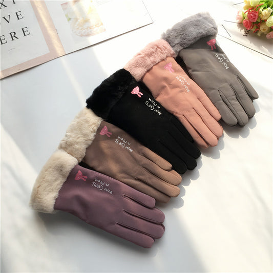 Autumn And Winter Women's Riding Gloves Korean Style Alphabet Cartoon Warm Double Layer Fleece-lined - globaltradeleader