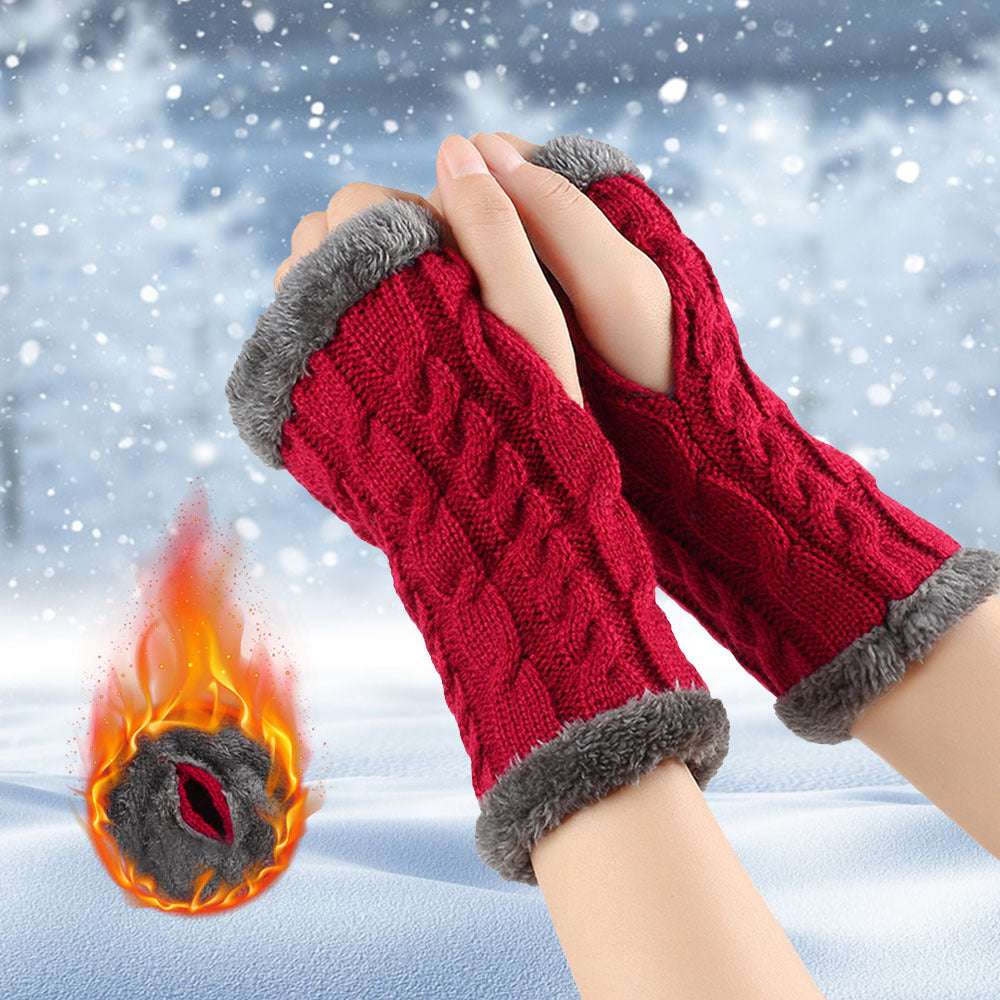 Winter Plush Gloves Twist Knitted Fingerless Fleece Gloves Women Warm Thickened Woolen Gloves - globaltradeleader