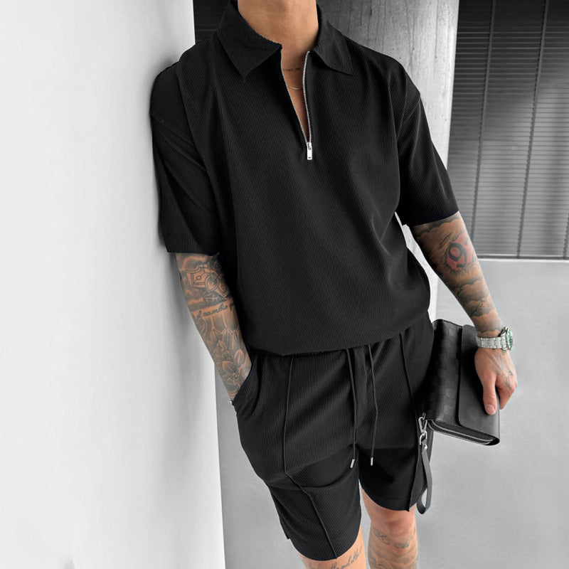 Summer Fashion Mens Clothing  Men's Suits New Zipper Polo Casual Short Sleeve Drawstring Shorts Men's Set - globaltradeleader