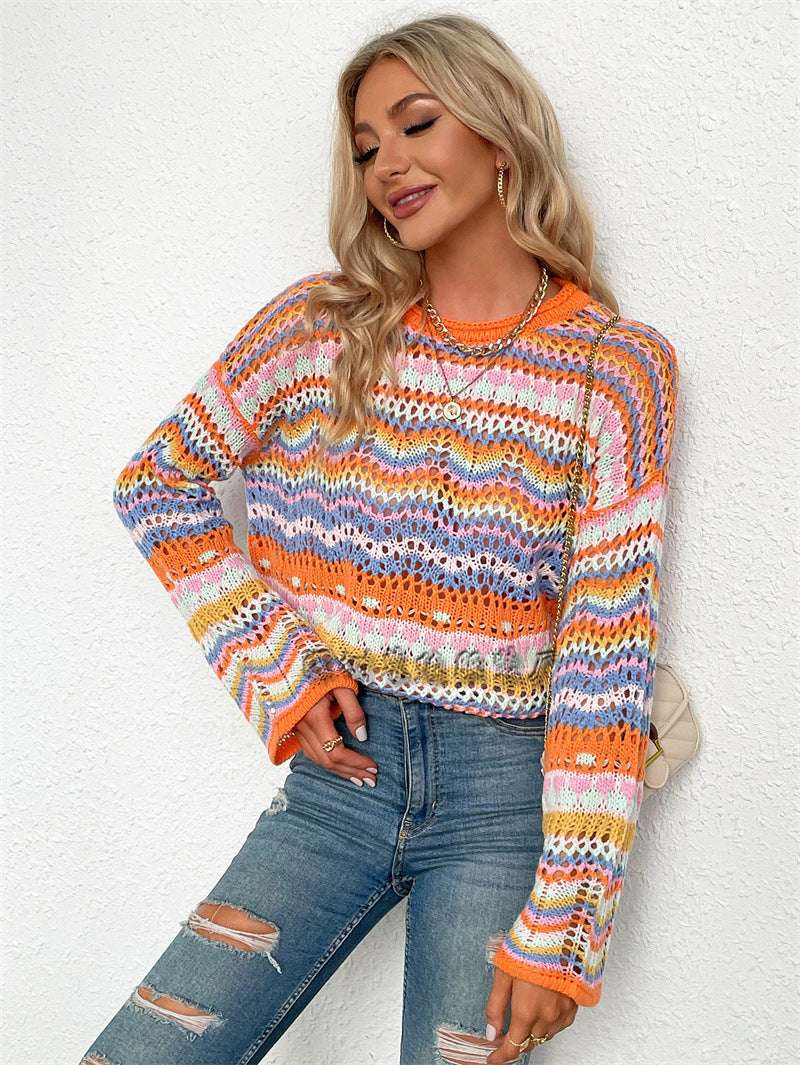 Stitching Sweater Loose Inter-color Rainbow Round Neck Striped Women - globaltradeleader