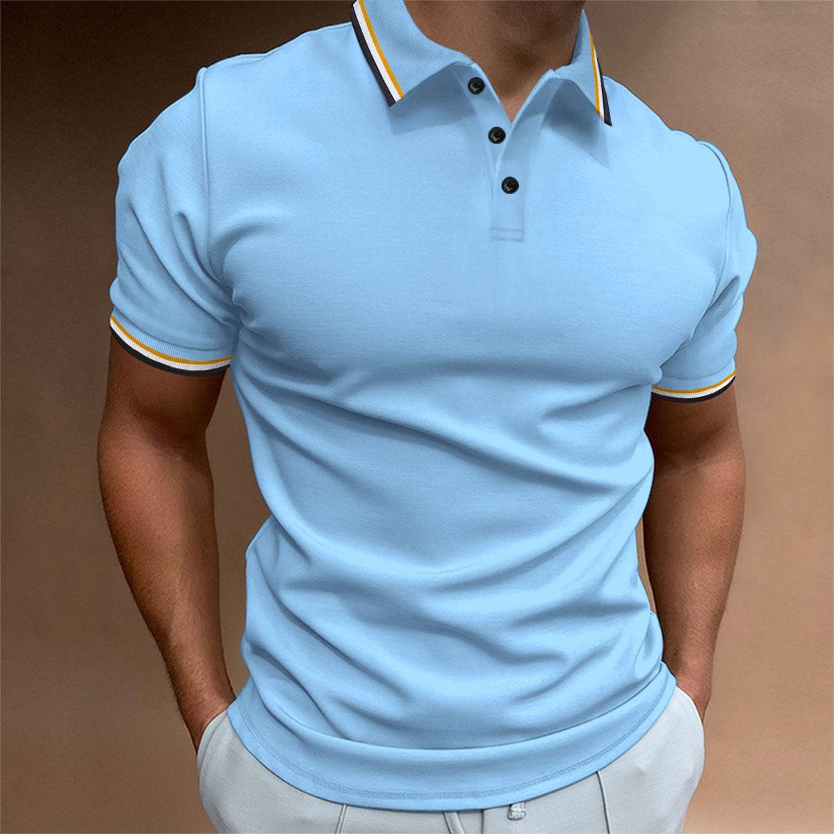 Men's Slim Polo Shirt Rib Striped T-shirt Top - globaltradeleader