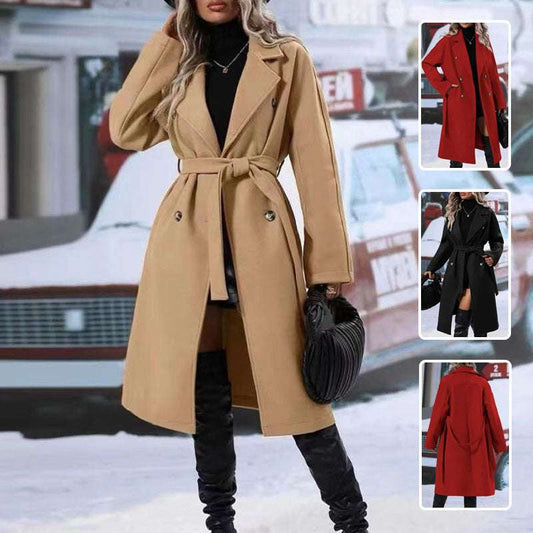 Lapel Double-breasted Trench Coat With Belt Winter Fashion Solid Color Long Jacket Outwear Women Clothing - globaltradeleader