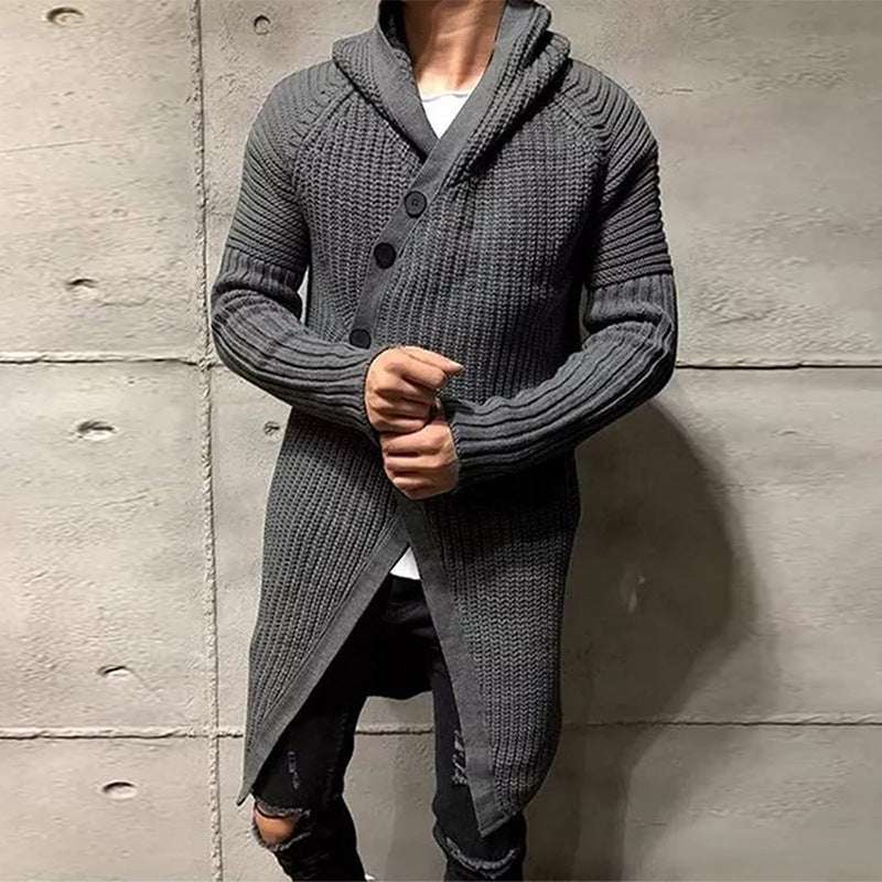 Long Knitted Hooded Sweater Coat Men Solid Color Button Casual Clothes - globaltradeleader