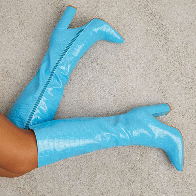 Fashion Boots Winter Pointed Toe High Square Heel Shoes With Side Zipper Mid-calf Boots Women - globaltradeleader