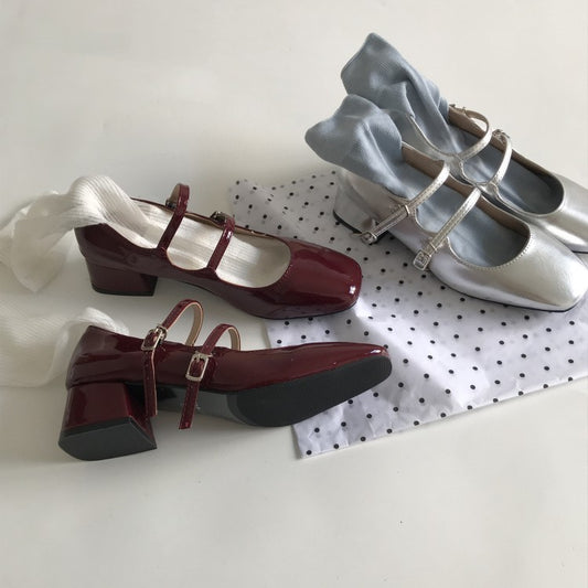 French Retro Square Head Silver Mary Jane Shoes - globaltradeleader