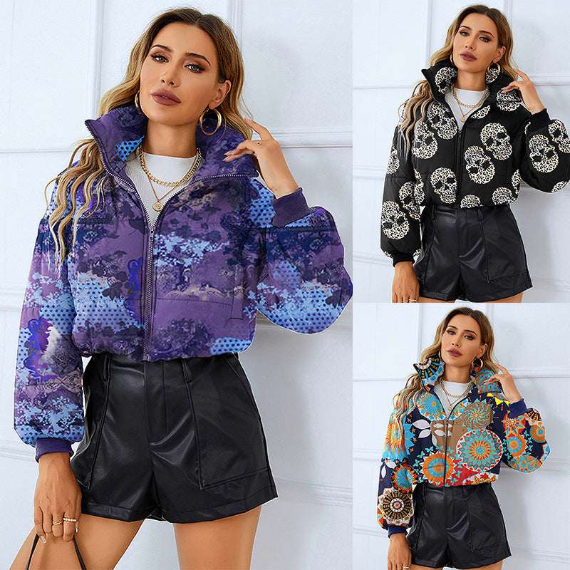 Fashion Bread Coat Women Print Stand Collar Short Coat Winter Jacket - globaltradeleader