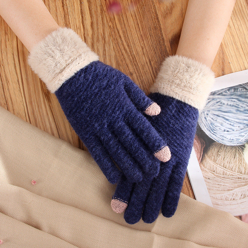 Touch Screen Gloves Female Winter Warm Thickened Knitting Cute Wool Mink-like Velvet Five Finger Gloves - globaltradeleader