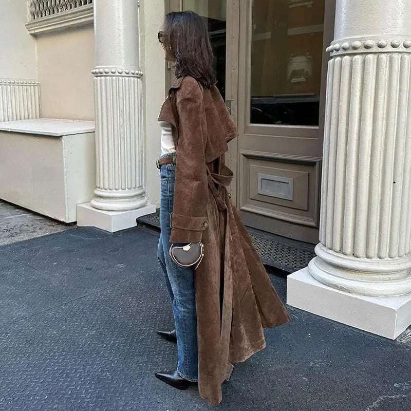 Double Breasted Lapel Shift Coat With Belt Fashion Vintage Suede Long Coat Winter Outwear Women's Clothing - globaltradeleader