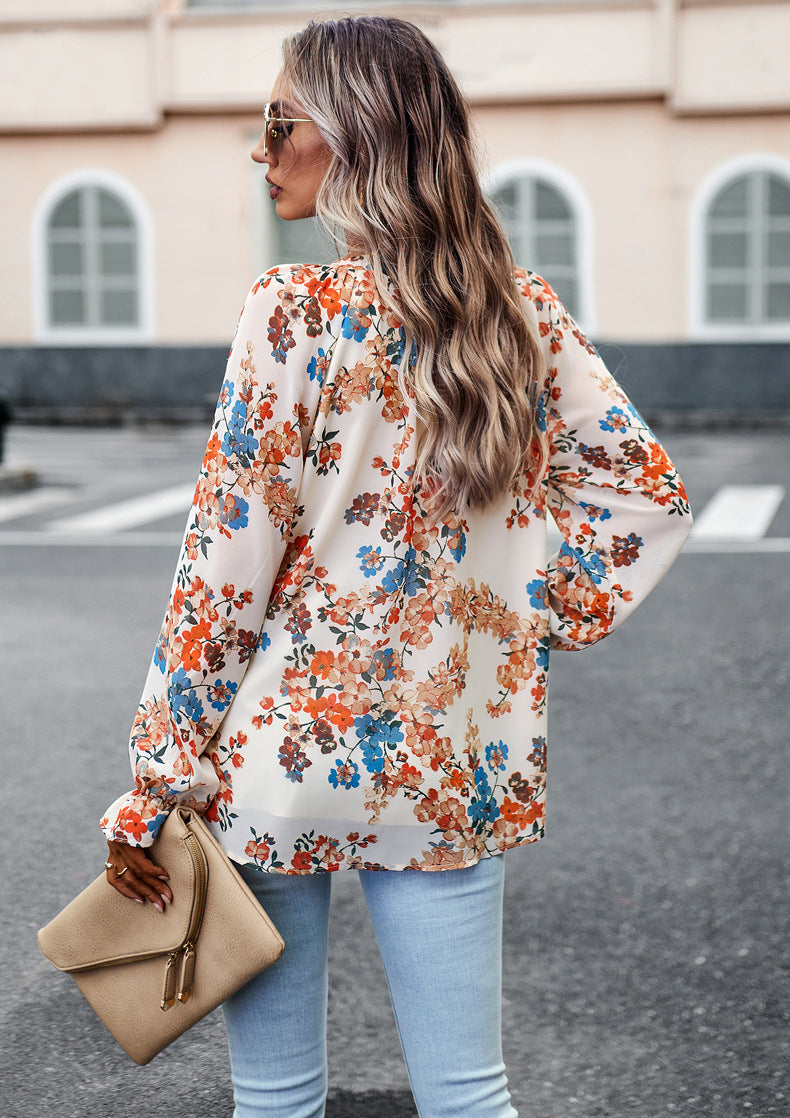 Women's Tops Casual Floral Print V Neck Long Sleeve Shirts Loose Chiffon Blouses Shirts Tops - globaltradeleader