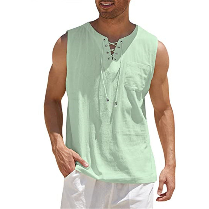 Tank Vest Men Shirt Collar Tie Short Sleeve T-Shirt