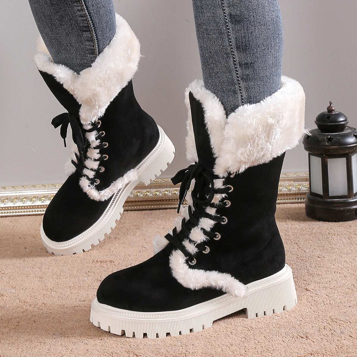 Winter Lace-up Snow Boots For Women Mid-tube Fleece Shoes Warm Chunky Heels Plush Boot - globaltradeleader