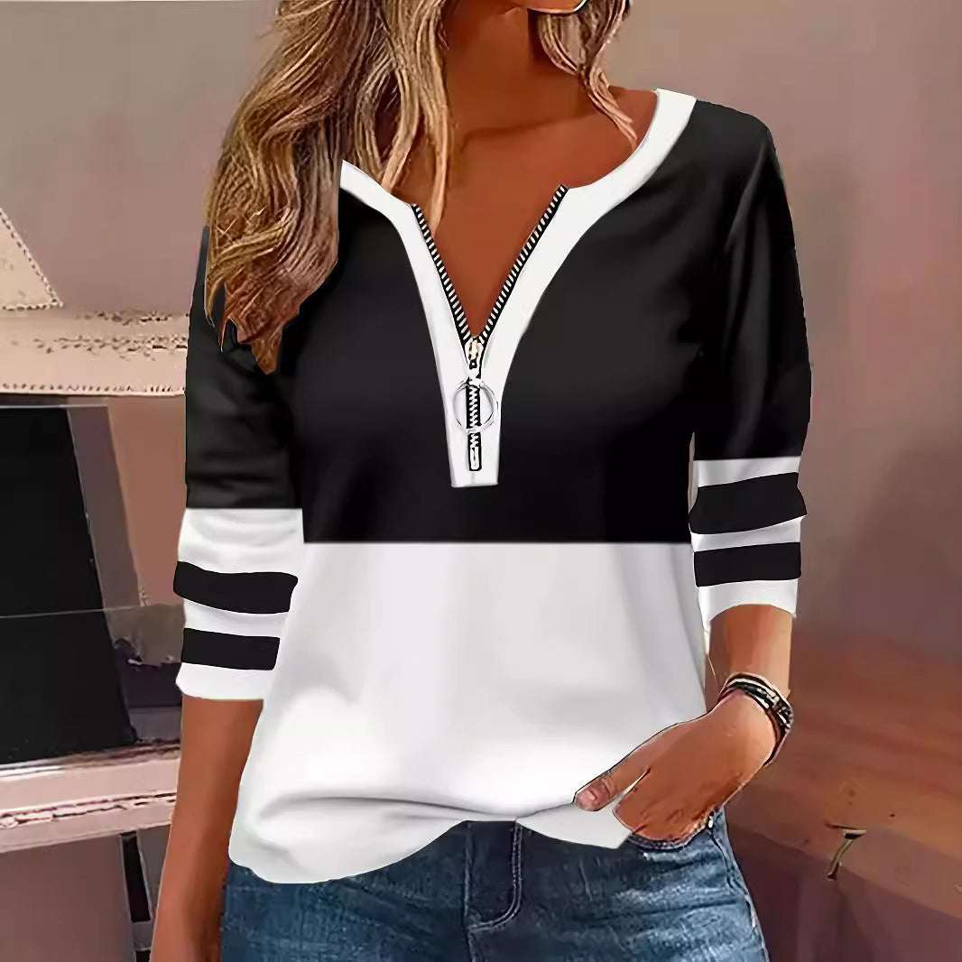Women's V-collar Contrast Color Striped Loose Zip Long-sleeved T-shirt - globaltradeleader