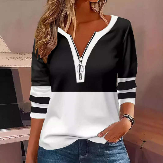 Women's V-collar Contrast Color Striped Loose Zip Long-sleeved T-shirt - globaltradeleader