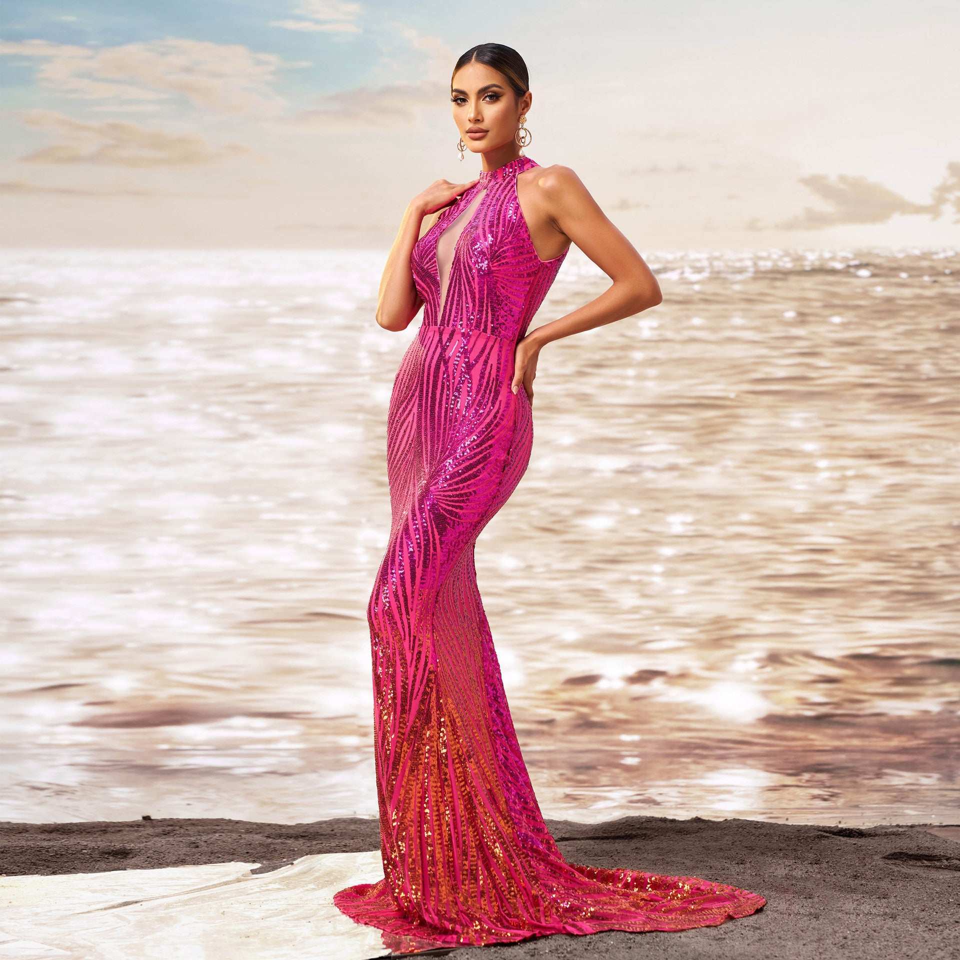 Round Neck Off-the-shoulder Slim-fit Sheath Sequined Banquet Fishtail Evening Dress - globaltradeleader