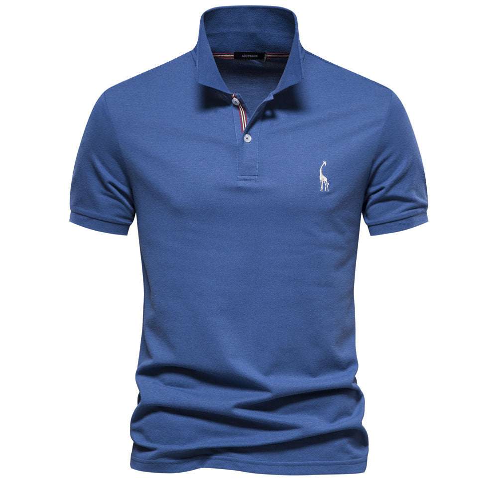 Deer Embroidered Men's T-shirt Solid Color Polo Collar Basic Style Short-sleeved Shirt Men - globaltradeleader