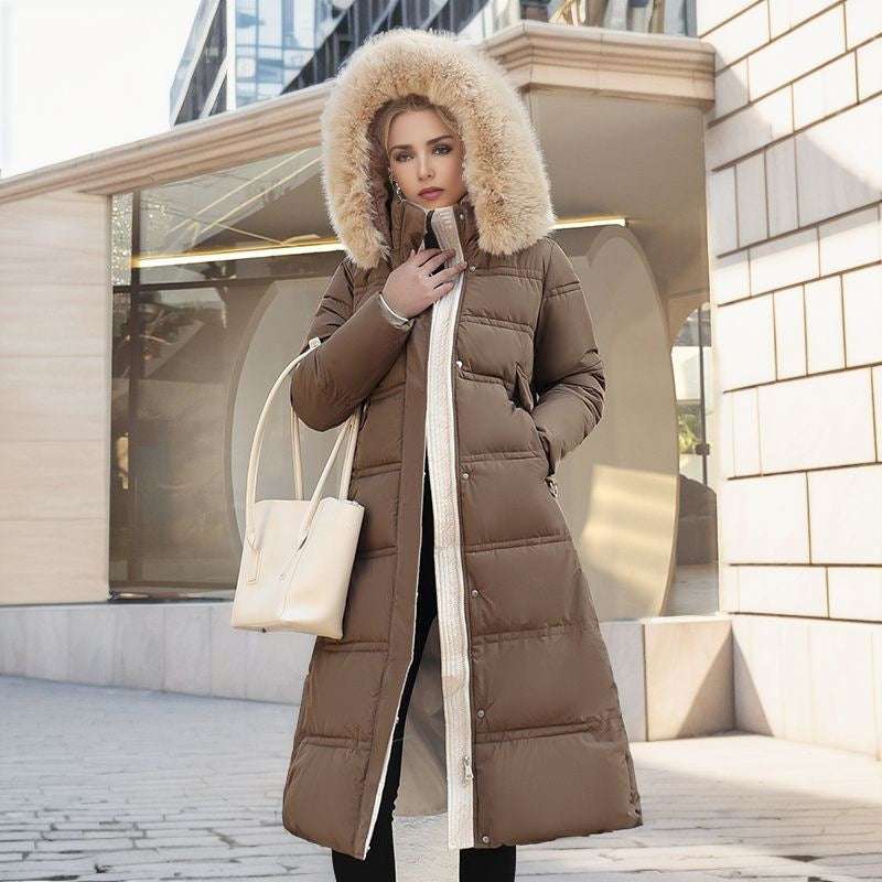 Winter Slim Long Jacket With Fur Hood And Belt Fashion Solid Hooded Coat Warm Clothing For Women - globaltradeleader