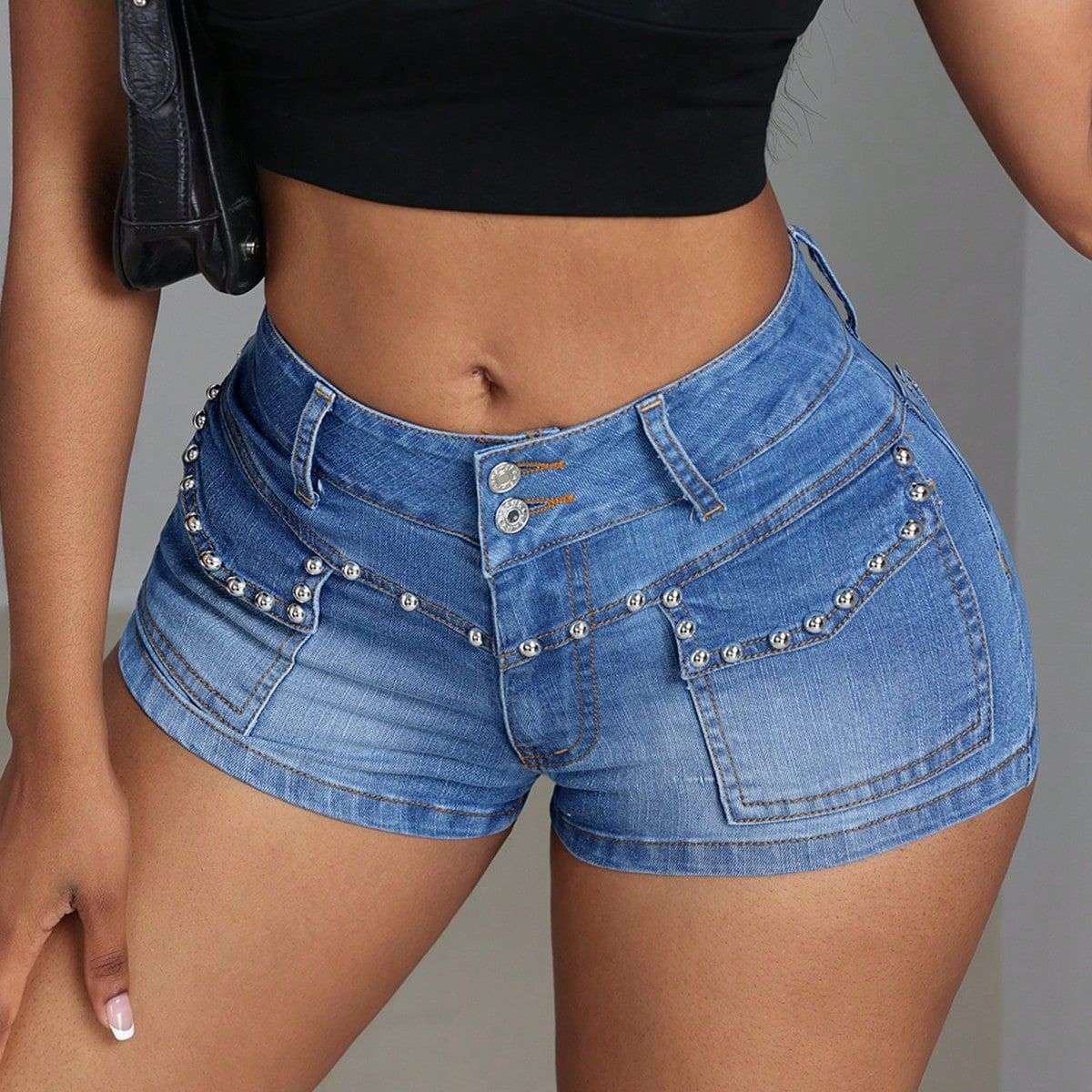 Mid-low Waist Beaded Mid-elastic Denim Shorts - globaltradeleader