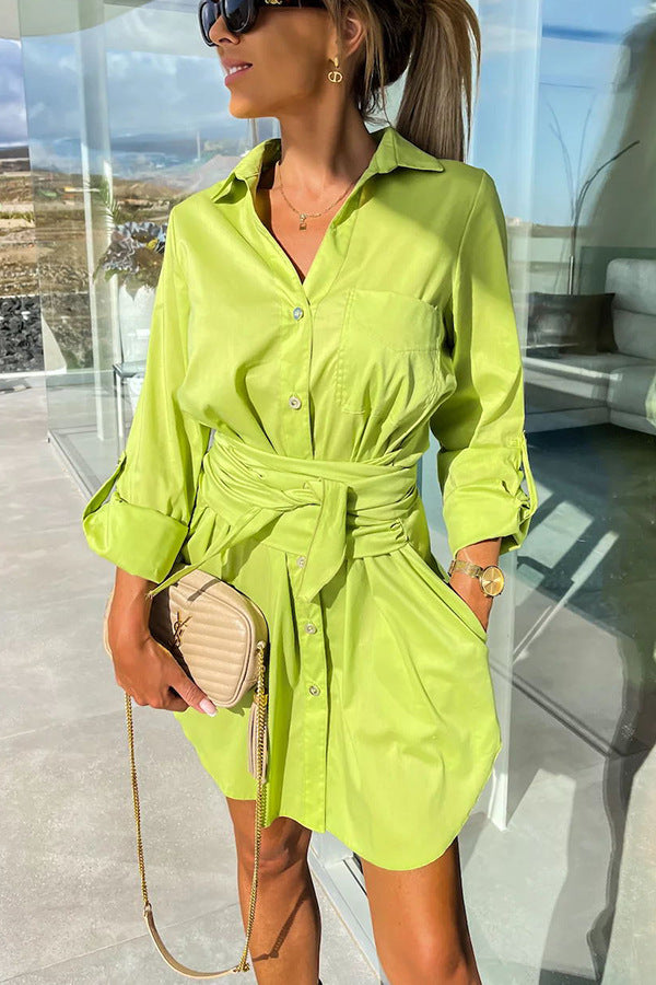 Multi-Color Rolled Sleeves Shirt Dress Women - globaltradeleader