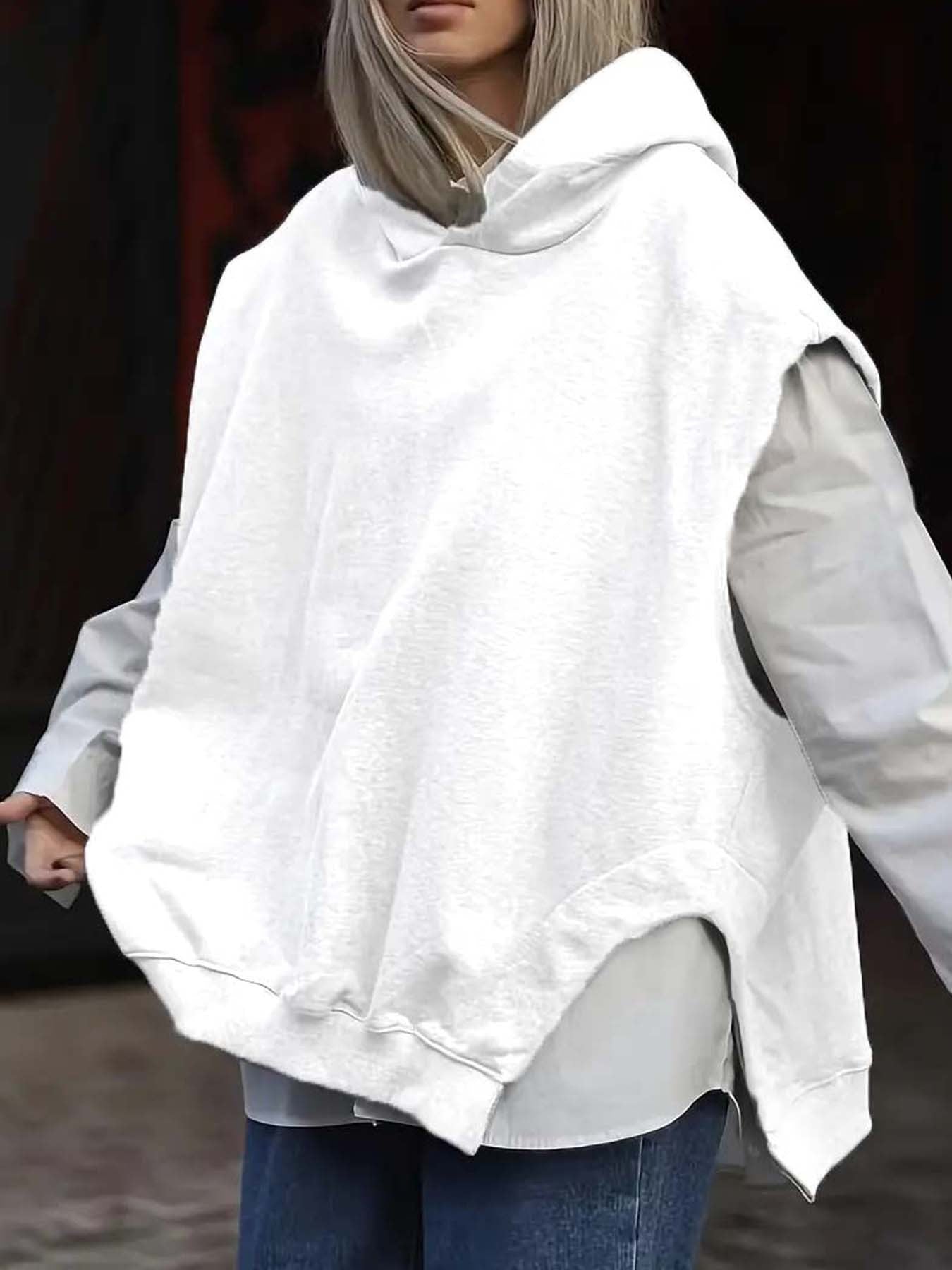 Women's Solid Color Style Loose Sleeveless Hooded Jacket Sweater - globaltradeleader