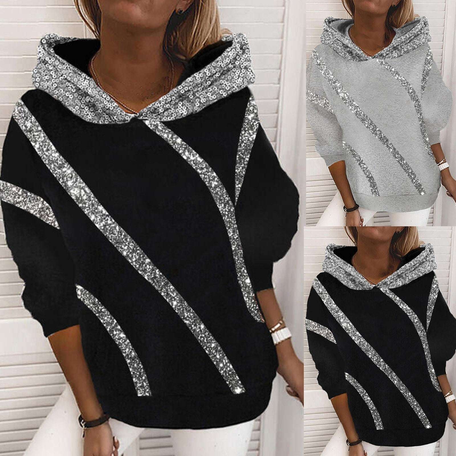 European And American Sequins Printed Loose Hooded Sweater Women