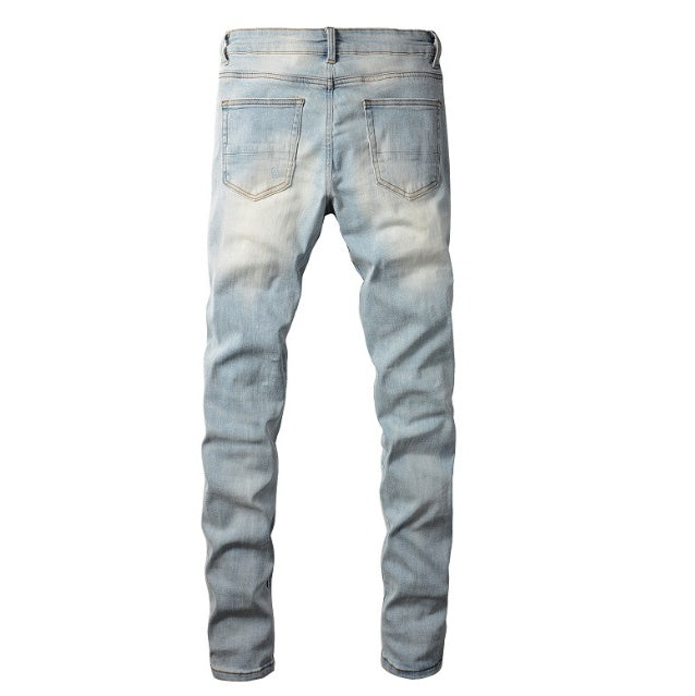 Hole & Patch Jeans Vintage Men's Stretch Slim High Street Denim - globaltradeleader