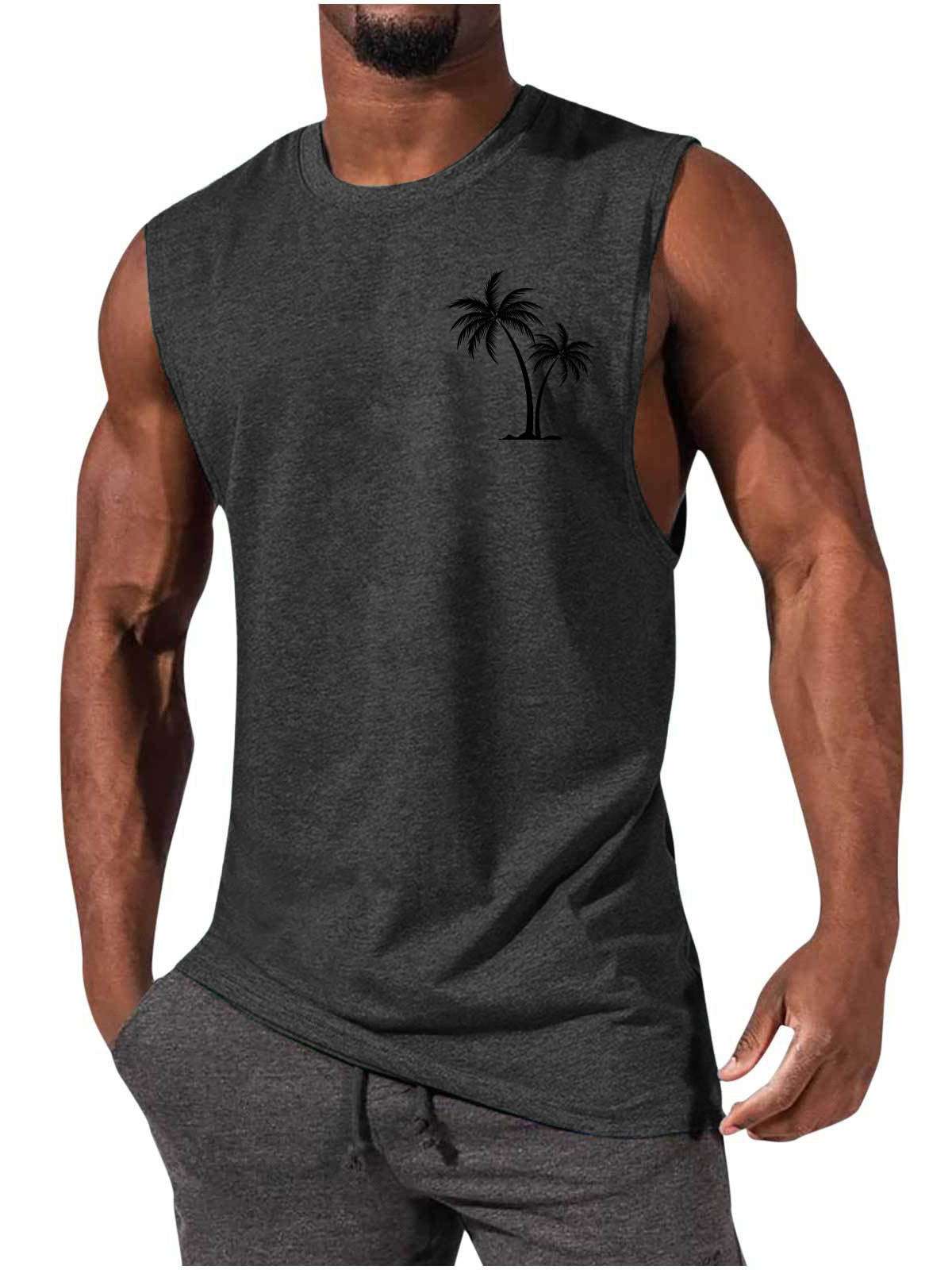 Coconut Tree Embroidery Vest Summer Beach Tank Tops Workout Muscle Men Sports Fitness T-shirt - globaltradeleader