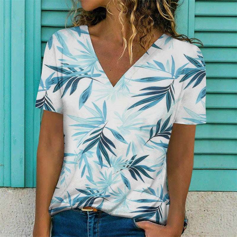 Flowers Print T-Shirt Casual Short Sleeve V-Neck Pullover Tops Women