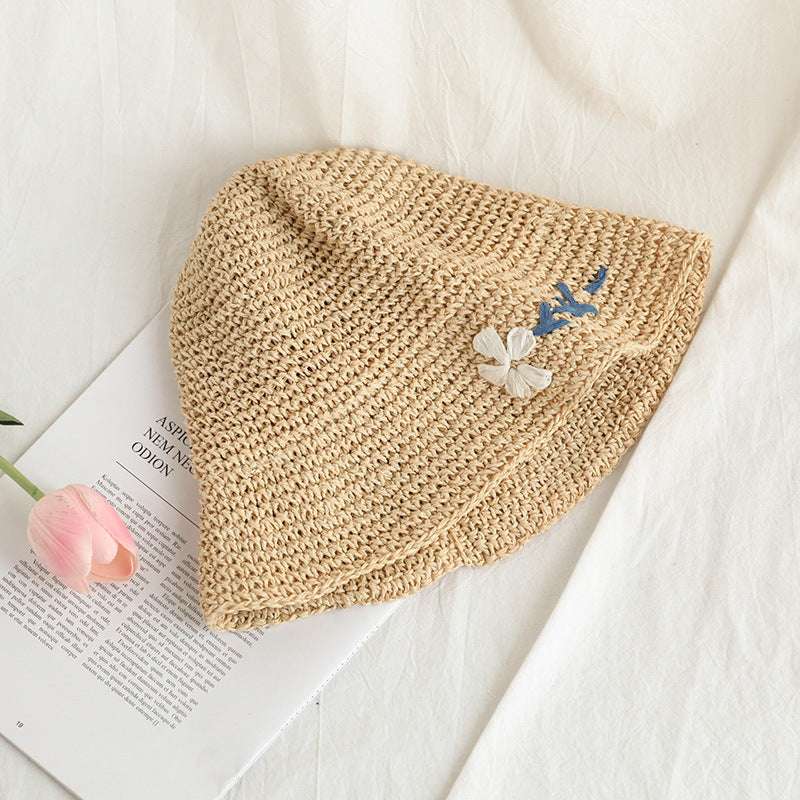 Small Daisy Embroidered Straw Women's Summer Foldable Bucket Hat