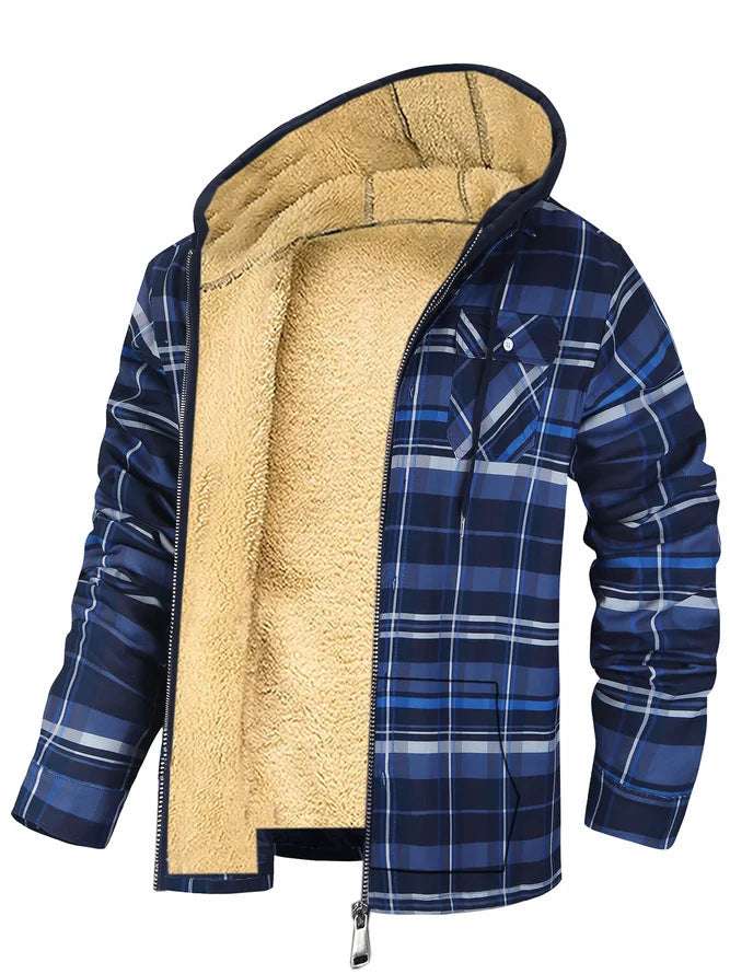 Men's Plaid Print Hooded Zip-Up Jacket Winter Thickened Cotton-padded Coat Warm Clothing - globaltradeleader