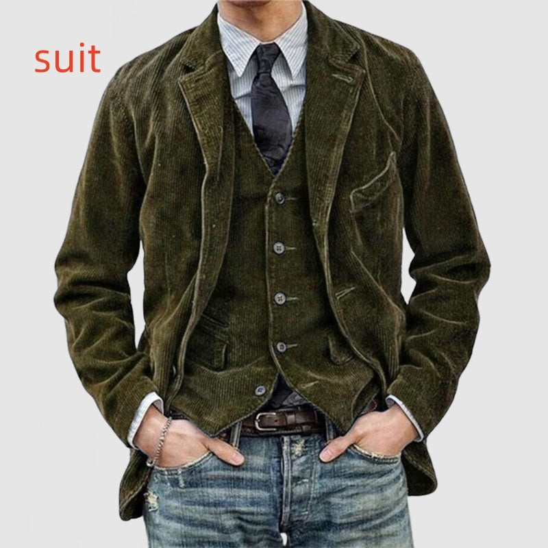 Corduroy Jacket Winter Solid Color Casual Blazer Fashion Warm Men Coat - globaltradeleader