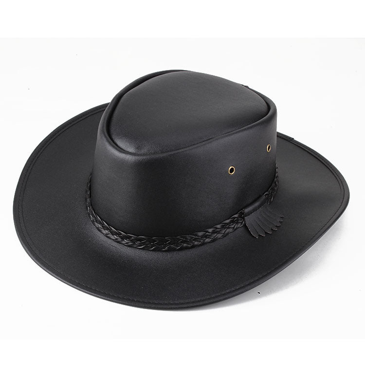 Solid Colour Leather Cord Large Brimmed Sun Visor Cowboy Hat - globaltradeleader