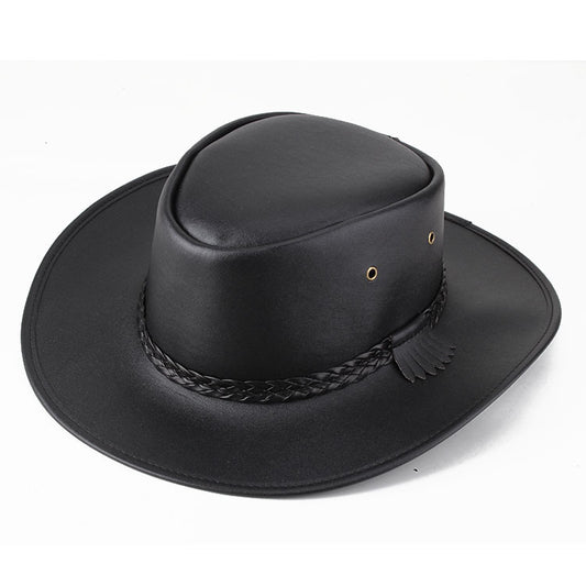 Solid Colour Leather Cord Large Brimmed Sun Visor Cowboy Hat - globaltradeleader