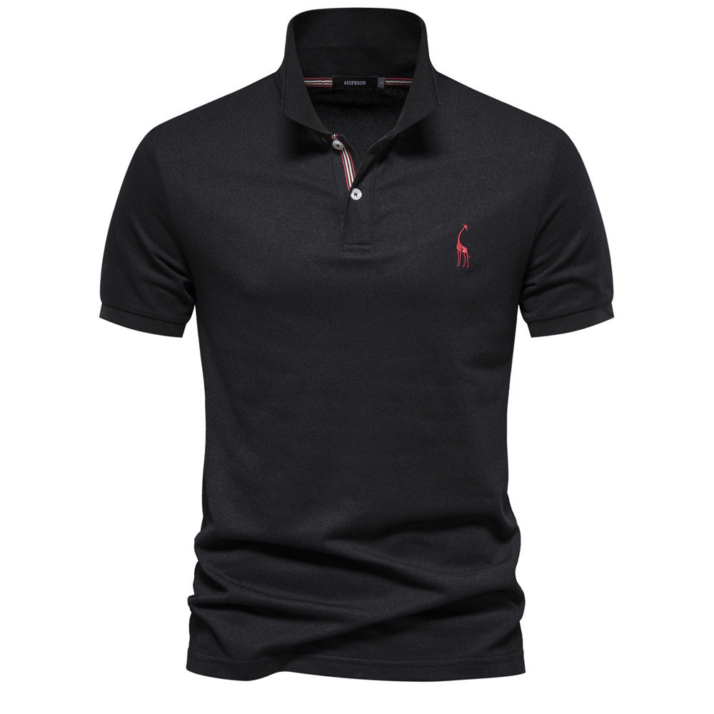 Deer Embroidered Men's T-shirt Solid Color Polo Collar Basic Style Short-sleeved Shirt Men - globaltradeleader