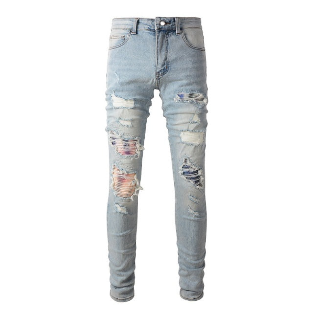 Hole & Patch Jeans Vintage Men's Stretch Slim High Street Denim - globaltradeleader
