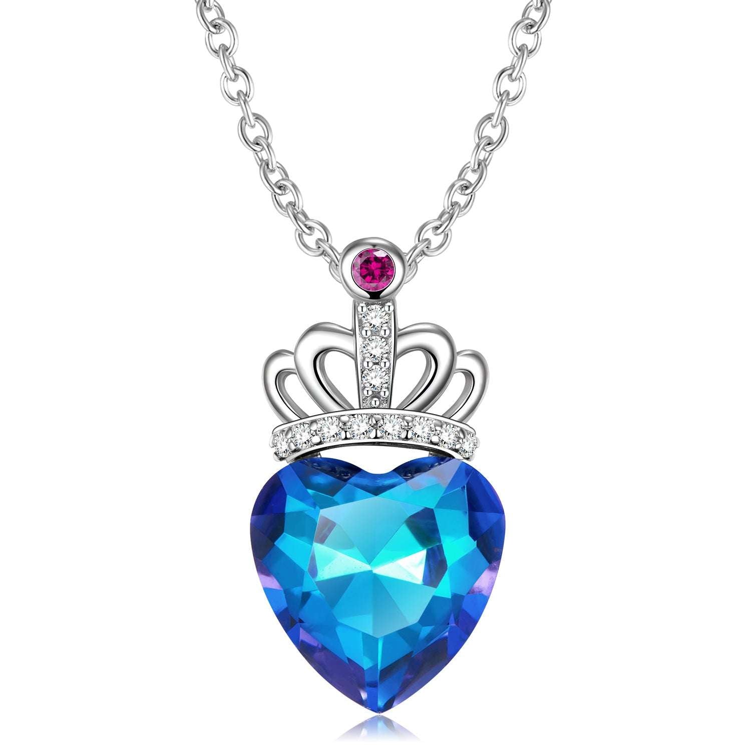 Blue Light Peach Heart Crown Necklace S925 Sterling Silver