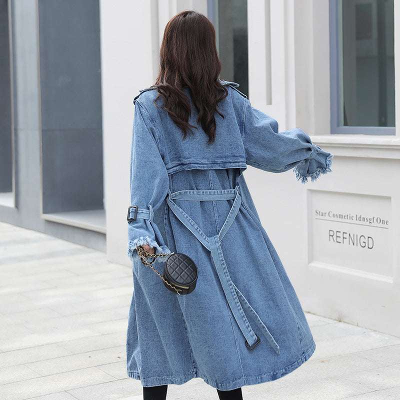 Loose Mid-length Coat With Belt Double Breasted Denim Women's Windbreaker - globaltradeleader