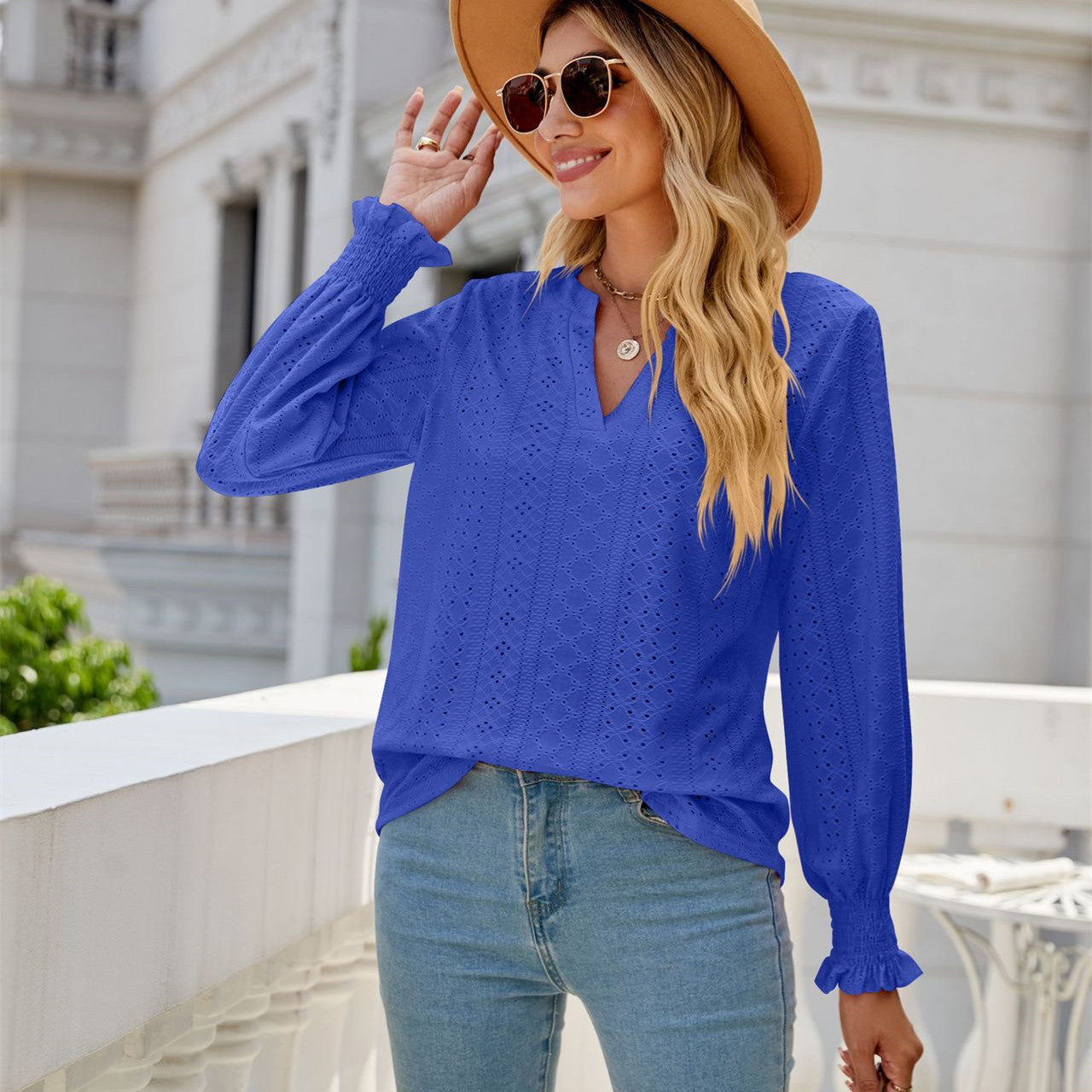 Solid Color Hollow-out Pleated Ruffle Shirts Sleeve V-neck Loose Long Sleeve Tops Women - globaltradeleader