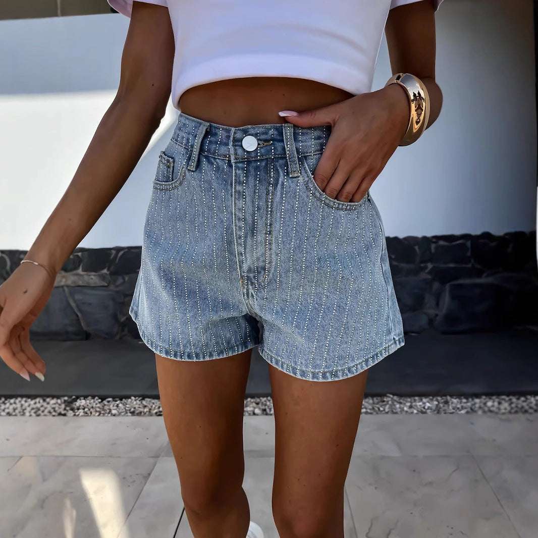 Street Rhinestone Women's Straight Denim Shorts - globaltradeleader