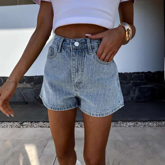 Street Rhinestone Women's Straight Denim Shorts - globaltradeleader