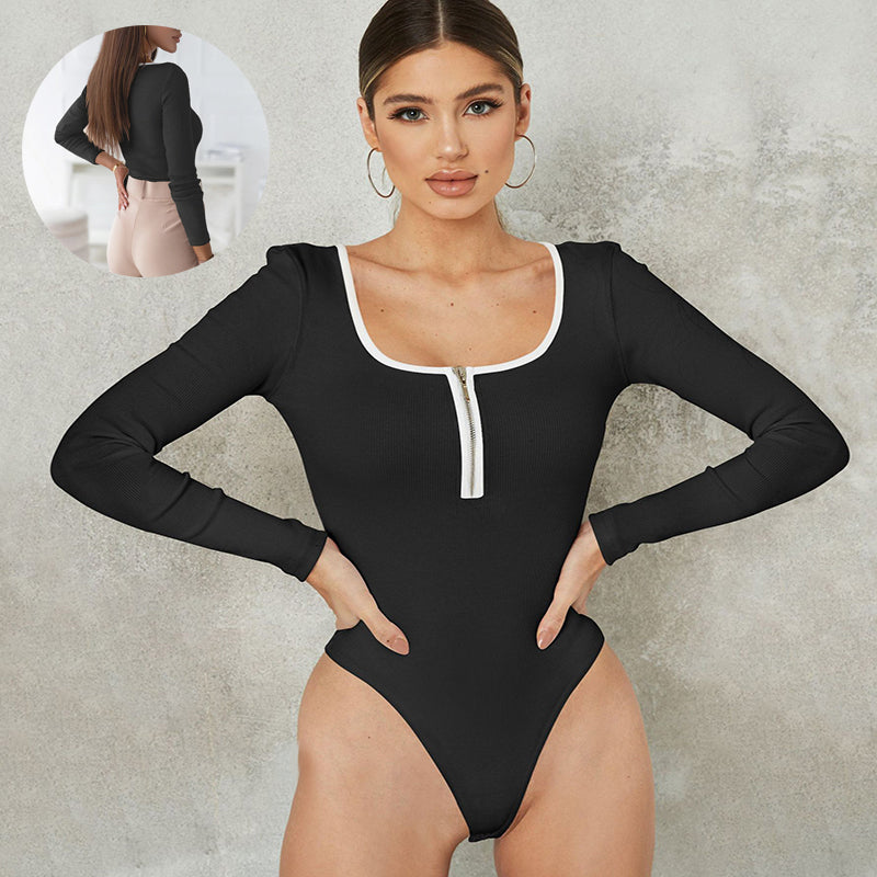 Tight Long Sleeve Jumpsuit Fashion Square Neck Zipper Thread Innner Corset Body Shaper Clothing For Dress Slim Sports Yoga Fitness Romper - globaltradeleader