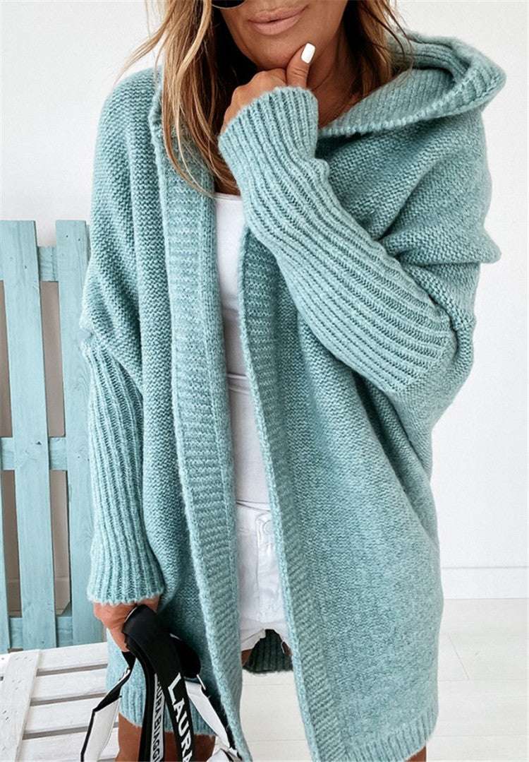 Fashion Bat Sleeve Hooded Cardigan Oversized Loose Temperament Solid Color Sweater Womens Clothing - globaltradeleader
