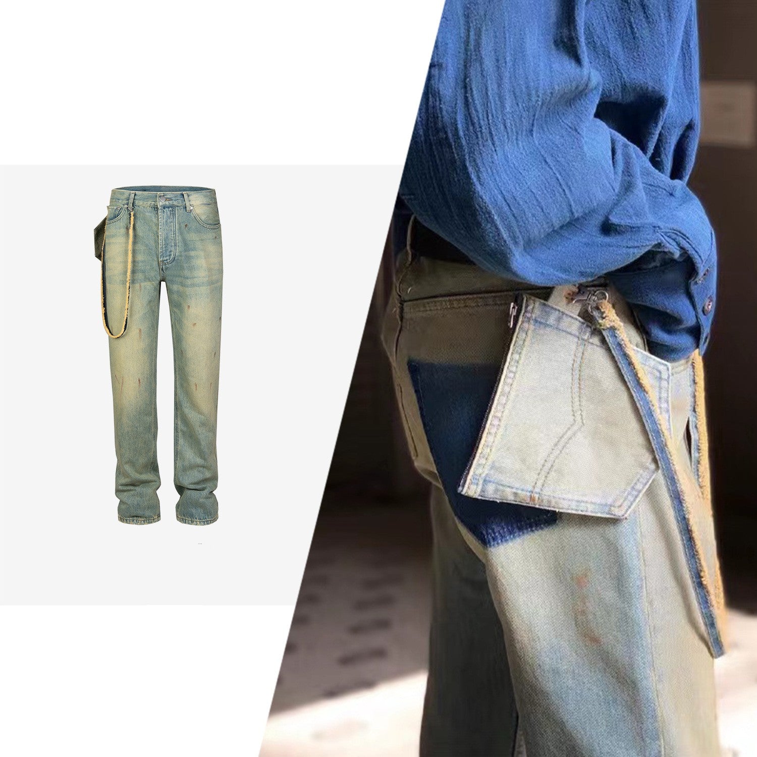 Men's New Product Water Wash Speckled Ink Chain Blue Denim Pants