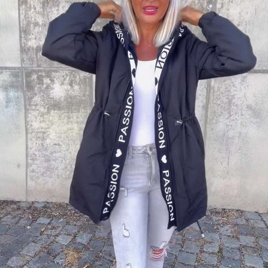 Women's Letter Pocket Hooded Drawstring Zipper Jacket - globaltradeleader