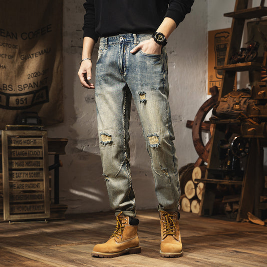 Vintage Distressed Jeans For Men's Slim Fit