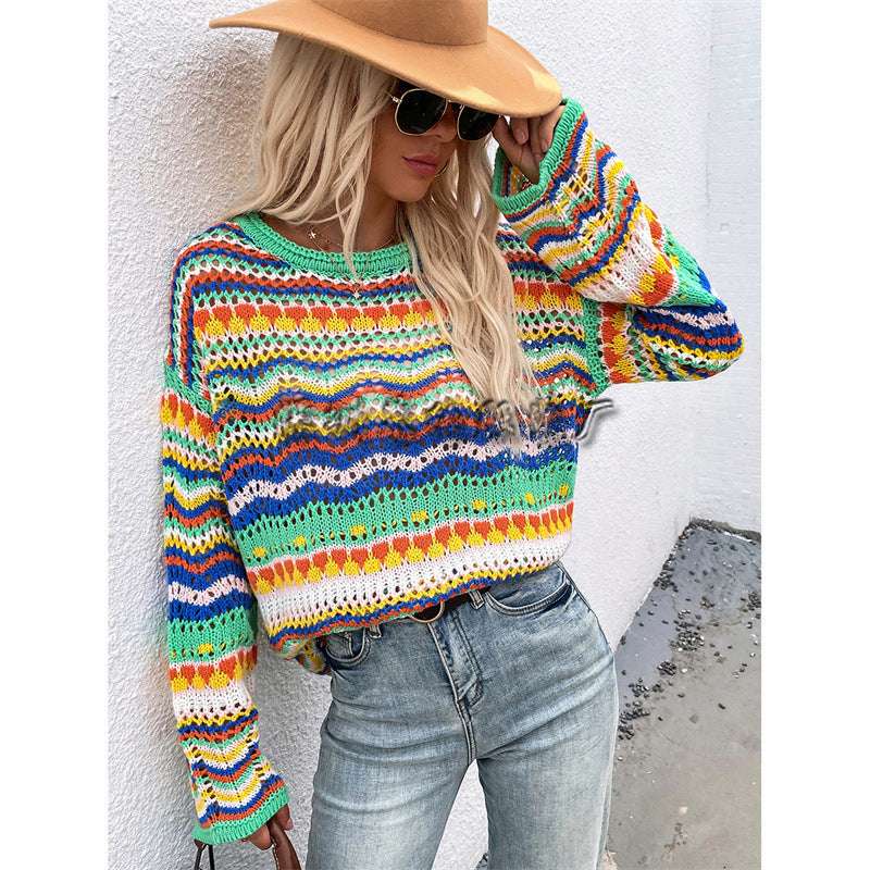 Stitching Sweater Loose Inter-color Rainbow Round Neck Striped Women - globaltradeleader